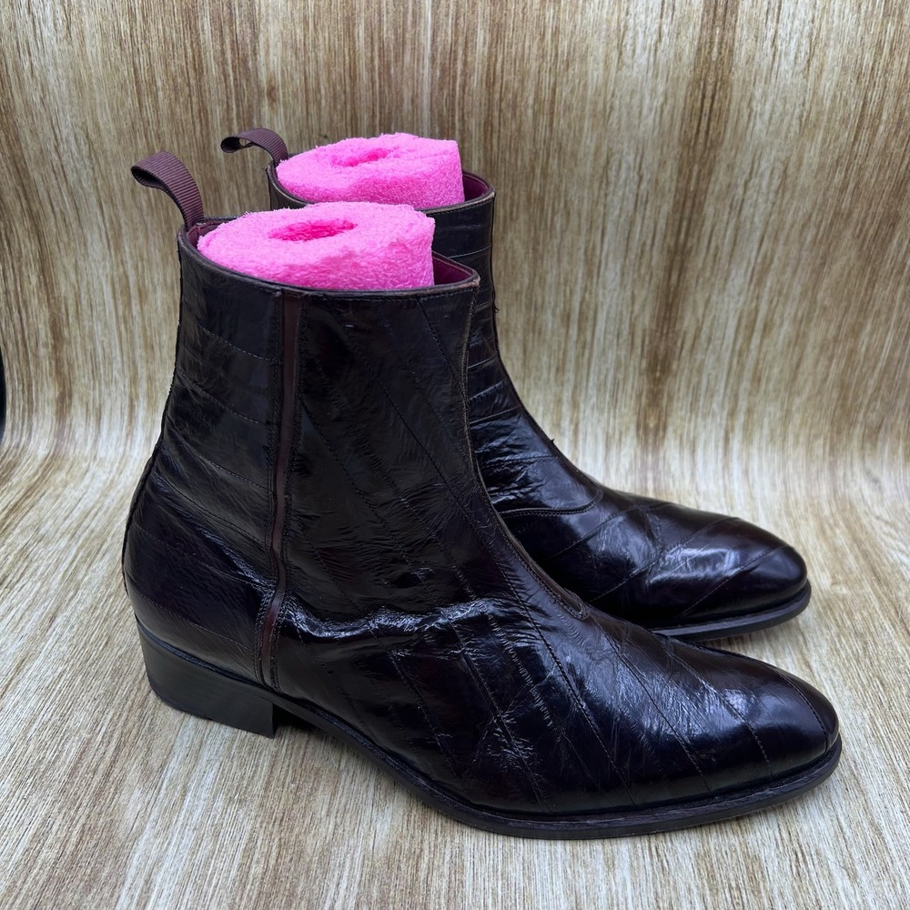 Mezlan Rochelle Eel Skin Boots Men's Size 10 Burgundy Side Zip Dress Pointed Toe